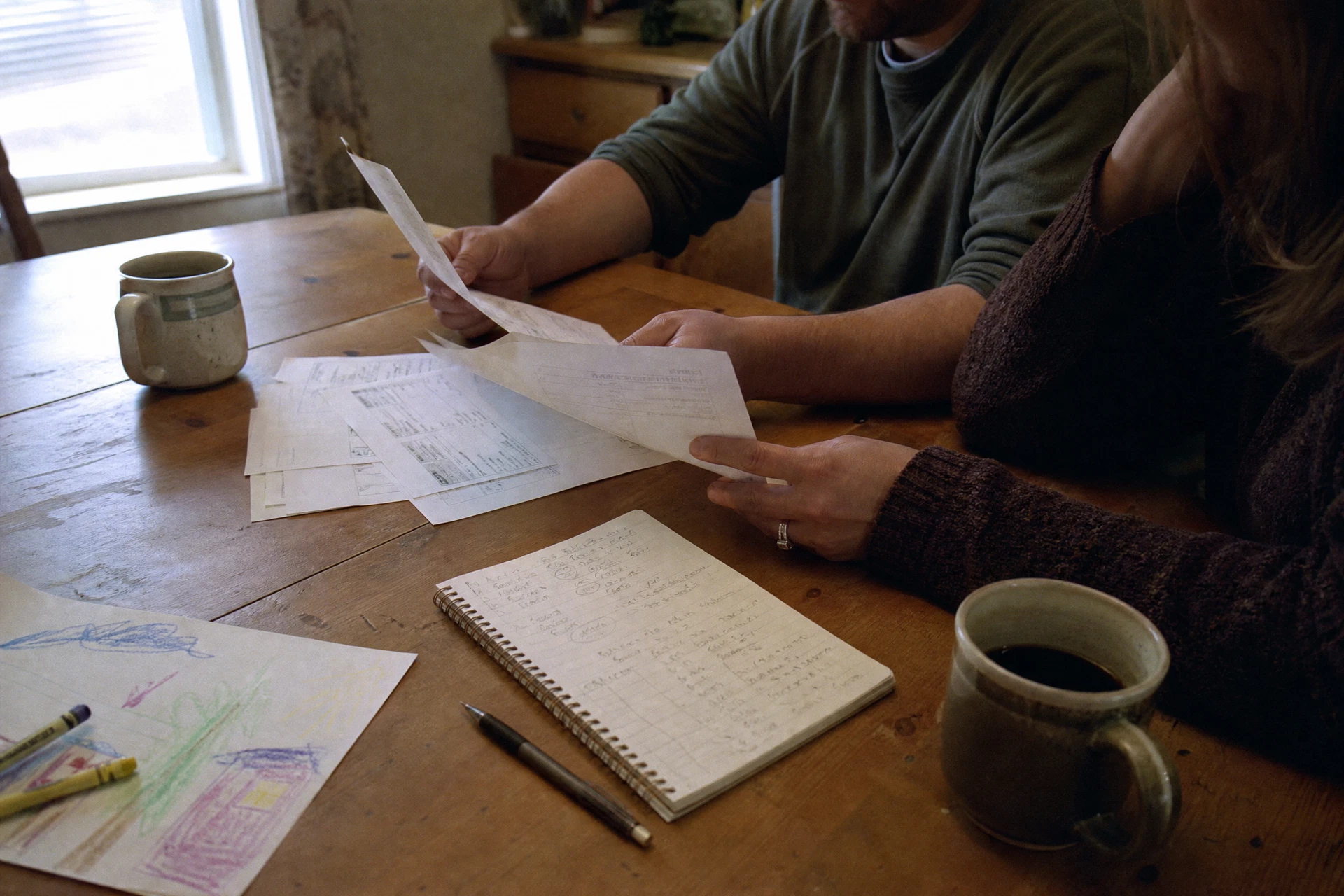 Homeowner hands sorting a mortgage Loan Estimate, handwritten construction budget notes, and everyday household items on a worn wood table