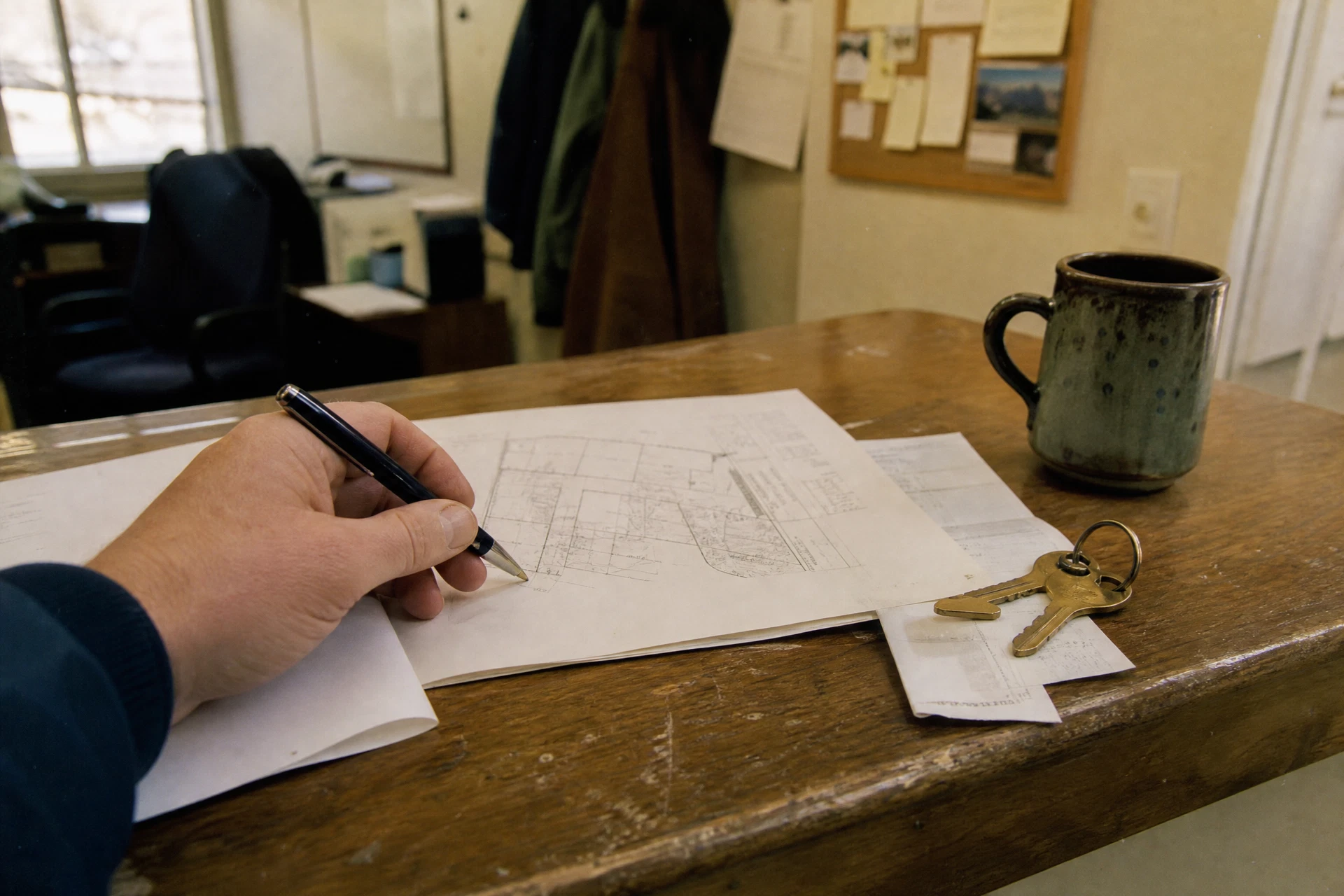 Buyer holding a pen over title and escrow paperwork beside property-survey documents, keys, and a coffee mug at an Idaho closing appointment