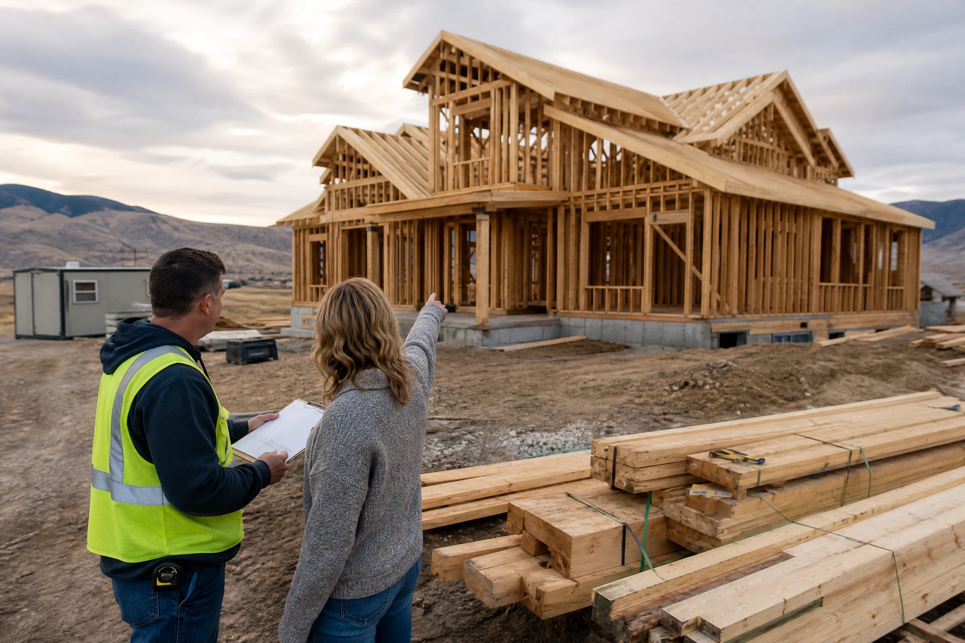 General contractor and Idaho homeowner reviewing a newly framed custom home on a foothill construction site