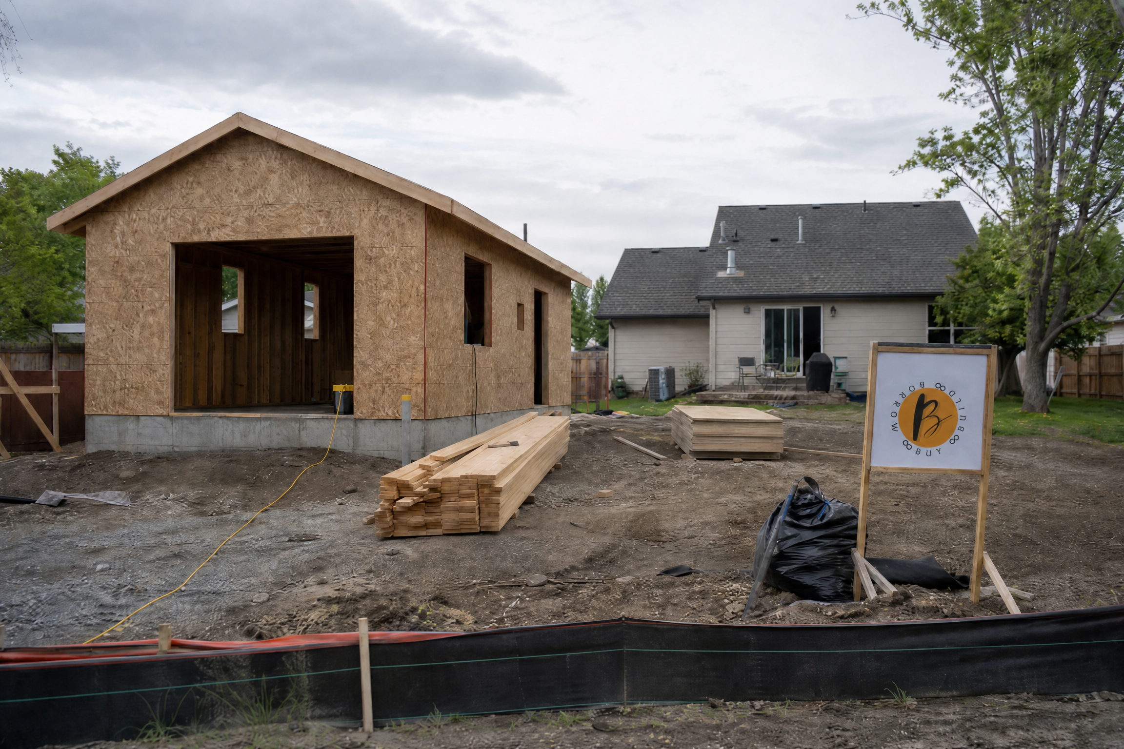 Detached accessory dwelling unit under construction behind an Idaho home, with a small BorrowBuyBuild logo on the temporary jobsite sign