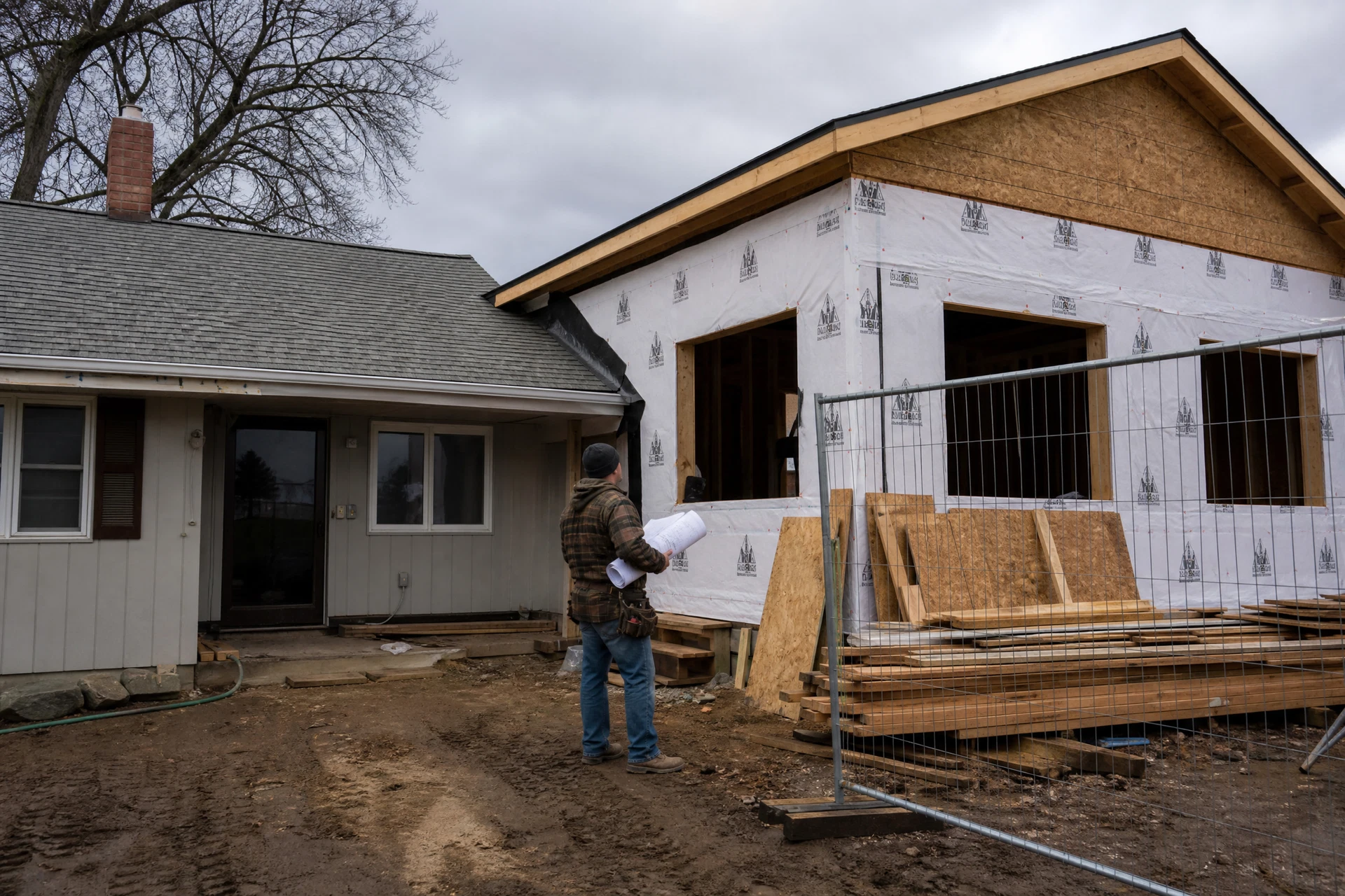 Framed residential addition connecting to an older Idaho home during a deeper renovation project